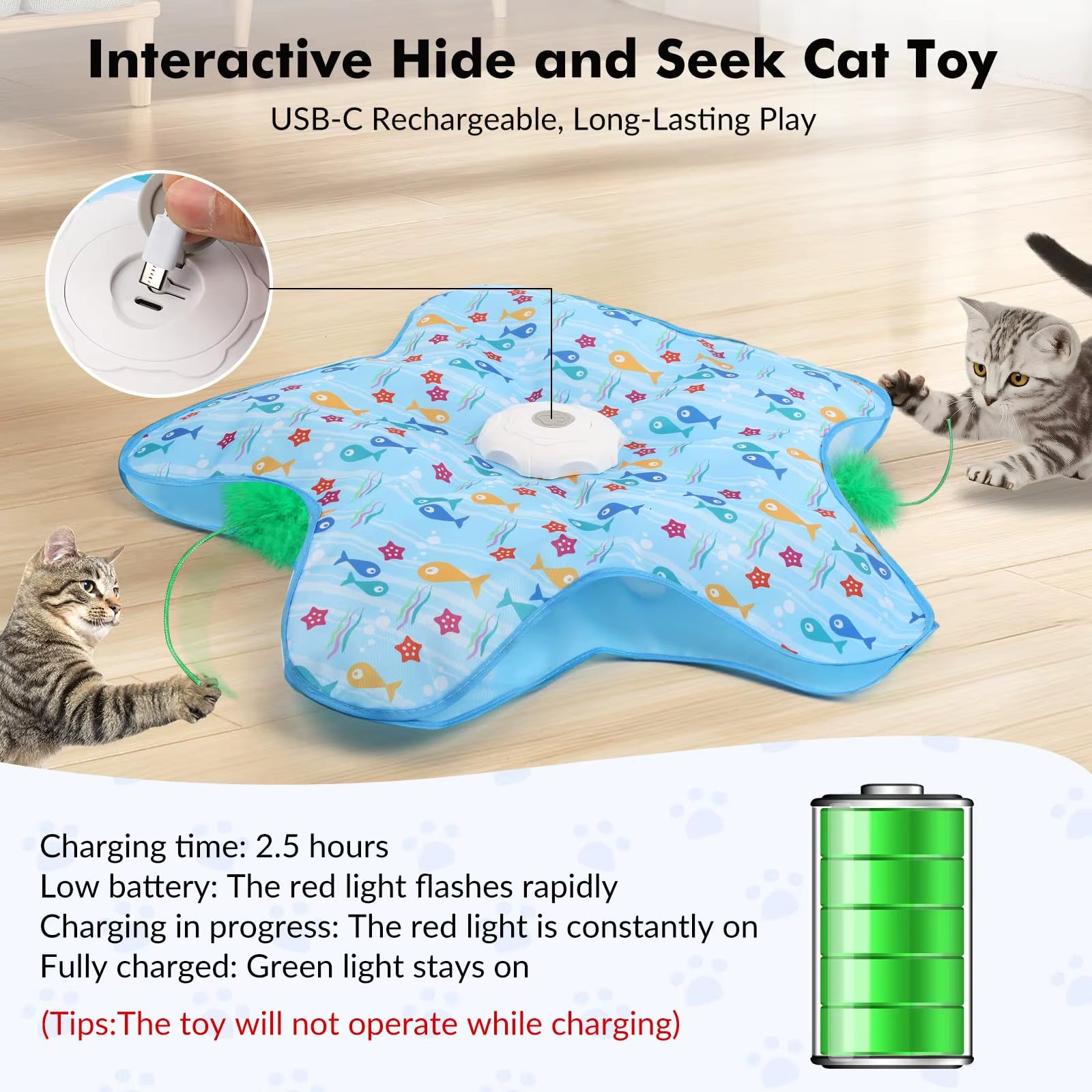 Hide Seek Classic Interactive Rechargeable Cat Toys with Moving Feathers & Tunnel Design-Touch Activated Hunting Toy