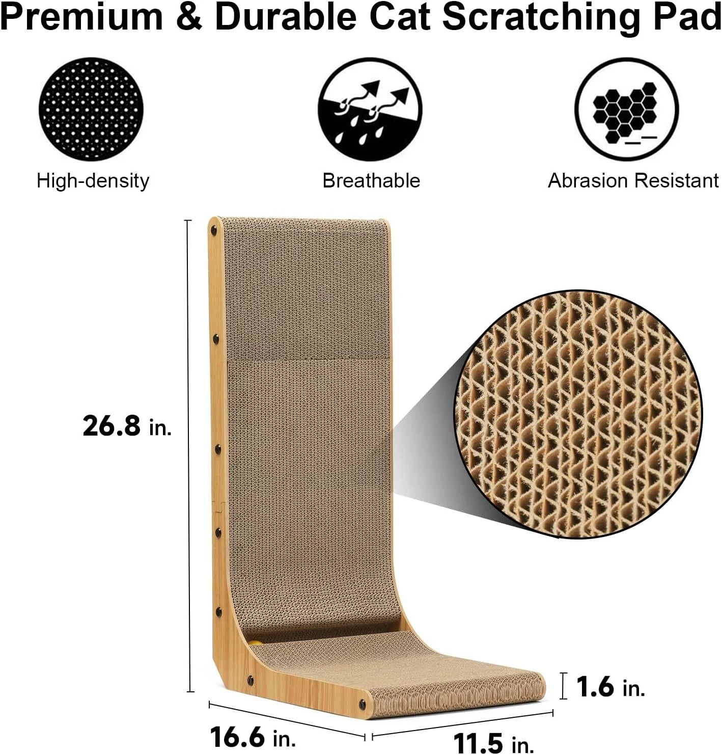 Cat Scratcher, 26.8 Inch L Shape Cat Scratch Pad Wall Mounted, Cat Scratching Cardboard with Ball Toy for Indoor Cats Large Size