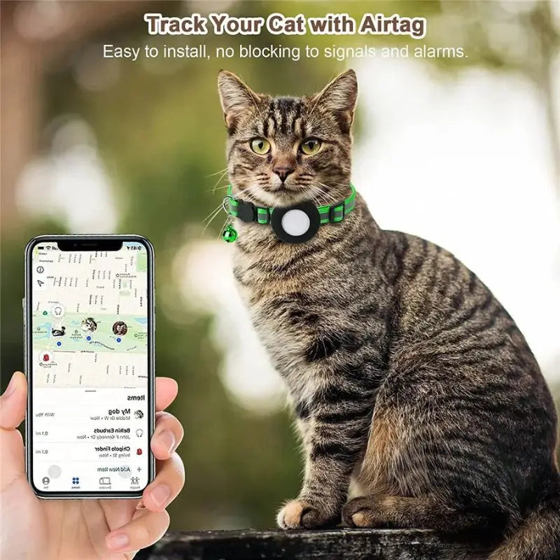 Waterproof Reflective Airtag Cat Collar Breakaway Adjustable Kitten Tracker GPS with Air Tag Holder and Bell Nylon Print