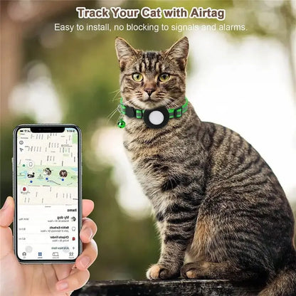 Waterproof Reflective Airtag Cat Collar Breakaway Adjustable Kitten Tracker GPS with Air Tag Holder and Bell Nylon Print