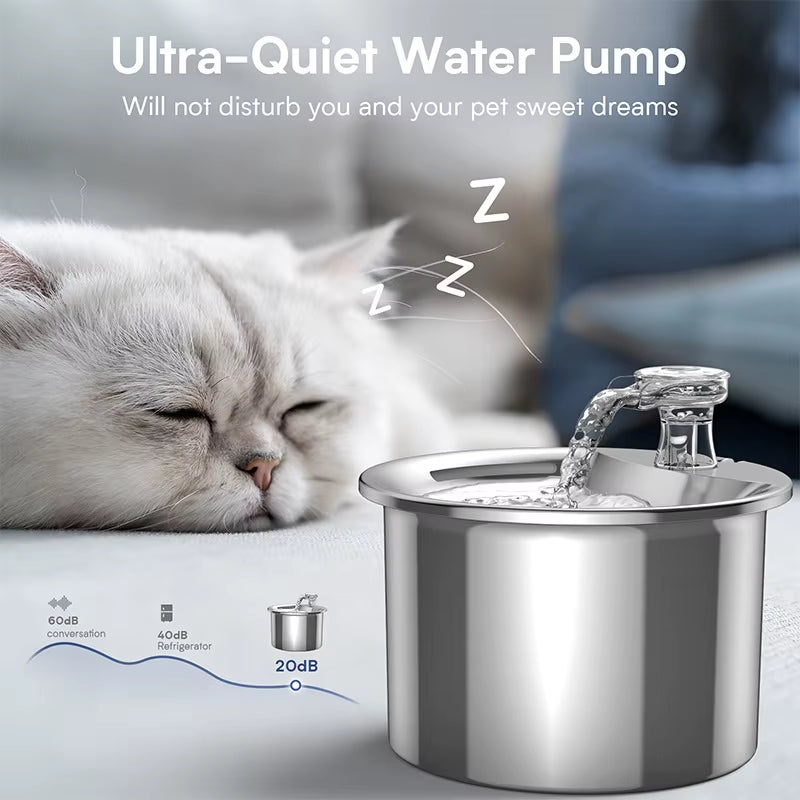 Pet Water Dispenser 67Oz/2L Stainless Steel Cat Water Fountain Eco-Friendly Modern Leak-Proof Waterproof Adjustable Charge